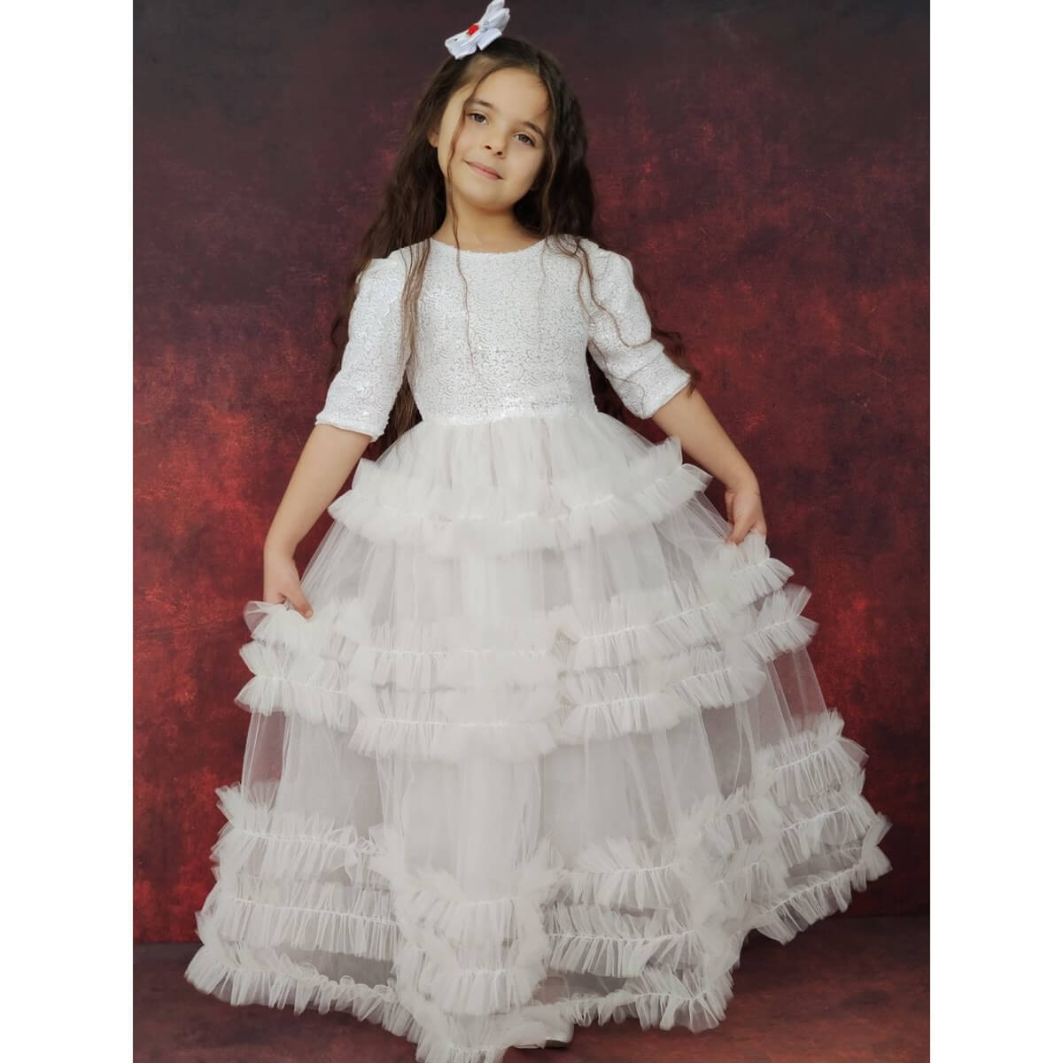 Kız Çocuk Pulpayet Detaylı Beyaz Prenses Elbise | QuzucukKids.com