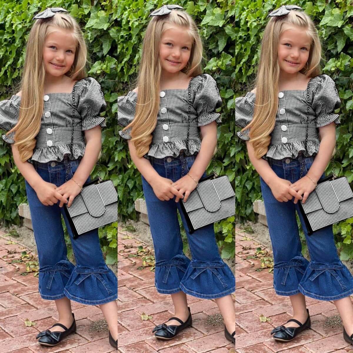 Kız Çocuk Siyah Pitikareli Çantalı Takım-Kız Çocuk Alt Üst Takım-QuzucukKids.com