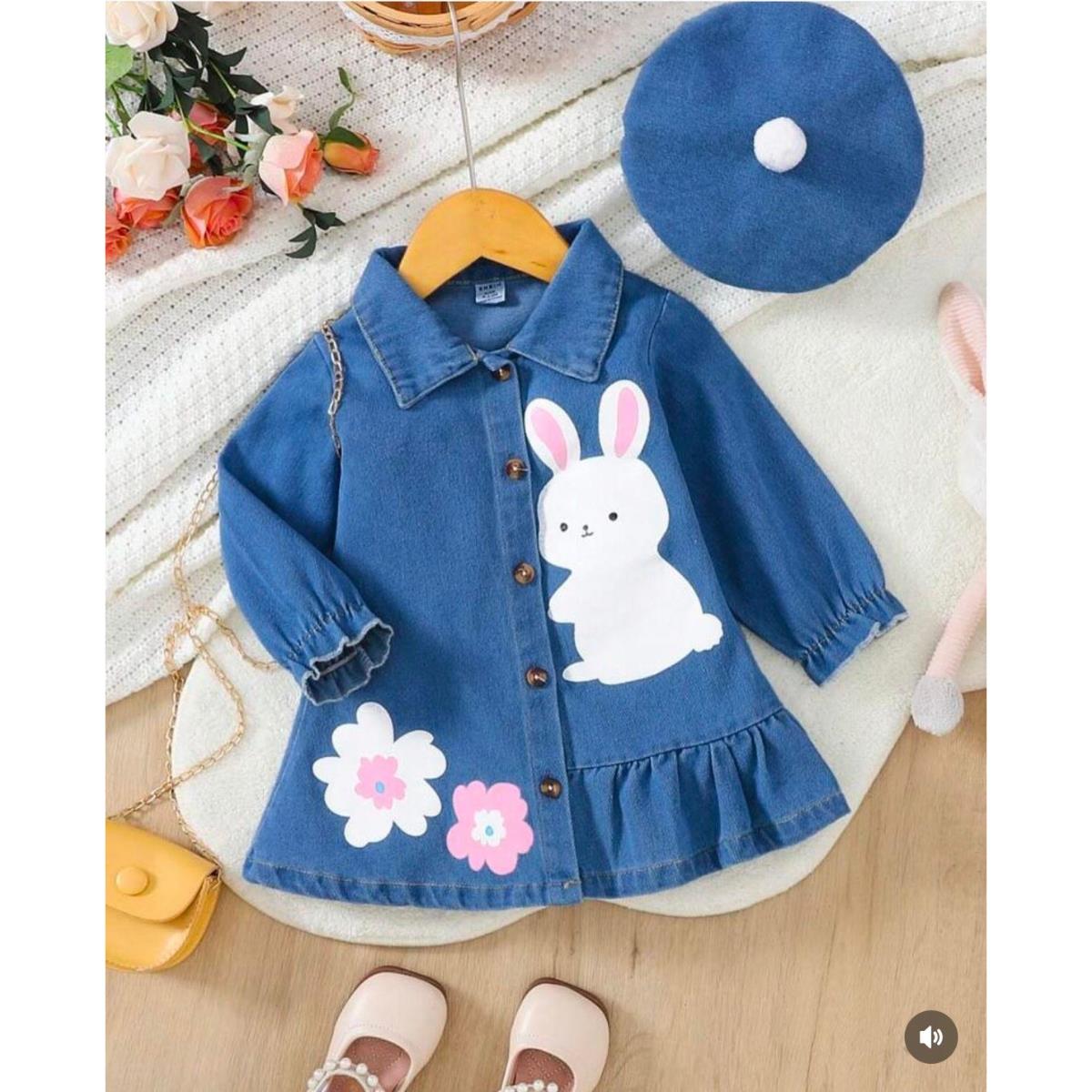 Kız Çocuk Tavşan Figürlü Lacivert Kot Elbise ve Şapka-Kız Çocuk Elbise-Kız Çocuk Tavşan Figürlü Lacivert Kot Elbise ve Şapka QuzucukKids.com'da-QuzucukKids.com