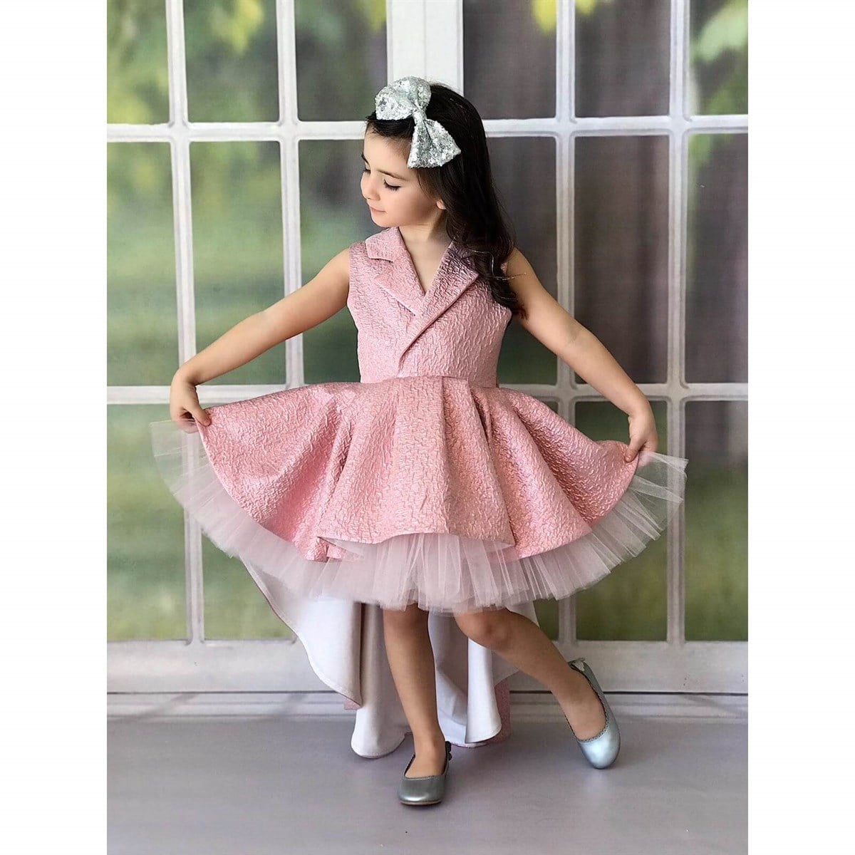 Kız Çocuk Yaka Detaylı Kuyruklu Pembe Elbise-Kid Girl Dresses-QuzucukKids.com