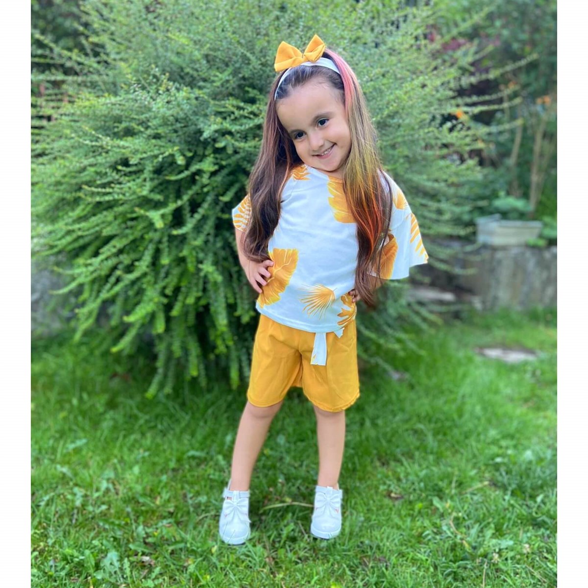 Kız Çocuk Yaprak Figürlü Şortlu Yazlık Takım-Kid Girl Cloth Sets-QuzucukKids.com