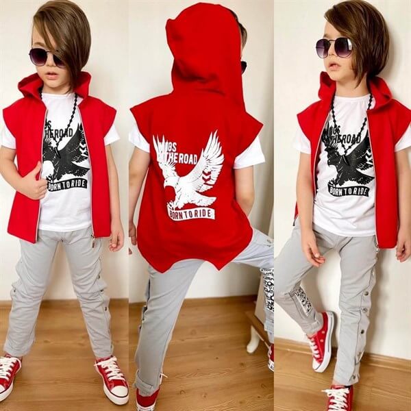 Erkek Çocuk Kuş Figürlü Kırmızı Yelekli Takım-Kid Boy Cloth Sets-QuzucukKids.com