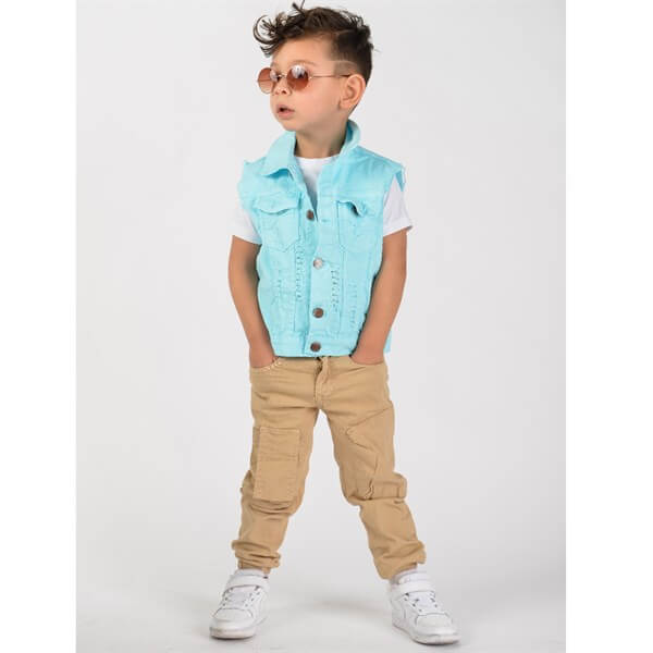 Erkek Çocuk Turkuaz Kot Yelekli Takım-Kid Boy Cloth Sets-QuzucukKids.com