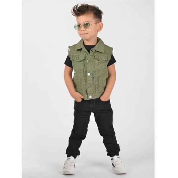 Erkek Çocuk Yeşil Kot Yelekli Takım-Kid Boy Cloth Sets-QuzucukKids.com