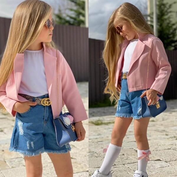 Kız Çocuk Ceketli Kot Şort Takım-Kid Girl Cloth Sets-QuzucukKids.com