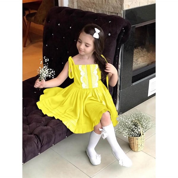 Kız Çocuk Dantel Detaylı Sarı Elbise-Kız Çocuk Elbise-QuzucukKids.com