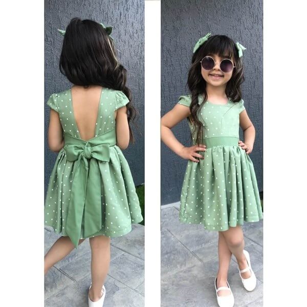 Kız Çocuk Puantiyeli Yeşil Elbise-Kız Çocuk Elbise-QuzucukKids.com