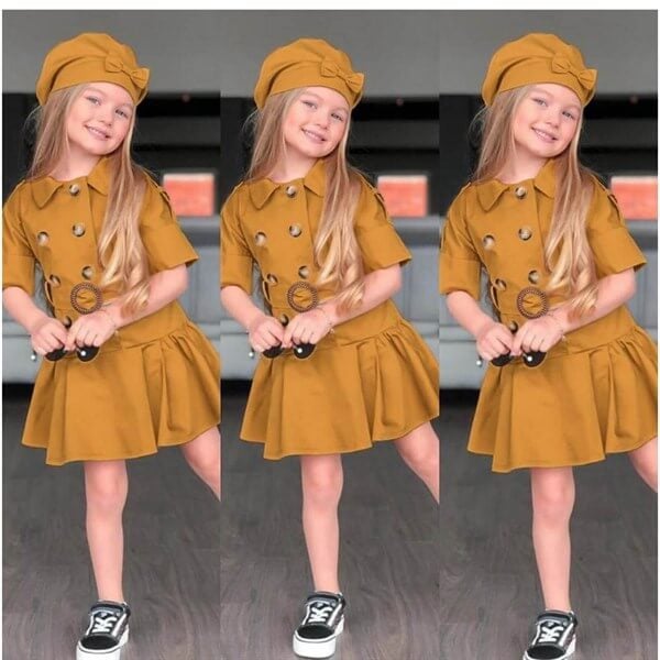 Kız Çocuk Şapkalı Sarı Trenç Elbise-Kız Çocuk Elbise-QuzucukKids.com
