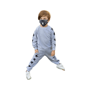 Çocuk Yıldız Figürlü Maskeli Gri Eşofman Takımı-Kid Boy Cloth Sets-QuzucukKids.com