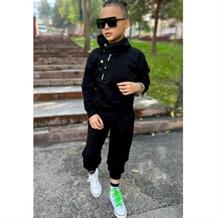 Erkek Çocuk Çıtçıt Detaylı Siyah Takım-Kid Boy Cloth Sets-Erkek Çocuk 4'lü Eşofman Mont Takım | QuzucukKids.com-QuzucukKids.com