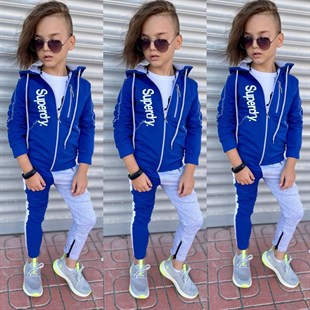 Erkek Çocuk Fermuarlı Spor Günlük Mavi Takım-Kid Boy Cloth Sets-QuzucukKids.com