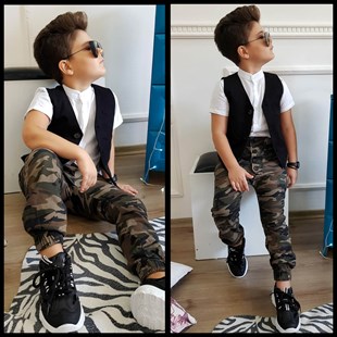 Erkek Çocuk Haki Yakalı Kamuflaj Takım-Kid Boy Cloth Sets-QuzucukKids.com