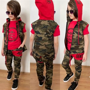Erkek Çocuk Kamuflaj Kırmızı Yelekli Spor Takım-Kid Boy Cloth Sets-QuzucukKids.com
