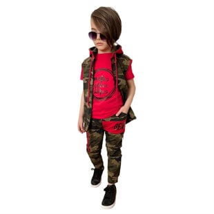 Erkek Çocuk Kamuflaj Kırmızı Yelekli Spor Takım-Kid Boy Cloth Sets-QuzucukKids.com