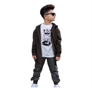 Erkek Çocuk Kedi Figürlü Kargo Pantalonlu Takım-Kid Boy Cloth Sets-QuzucukKids.com