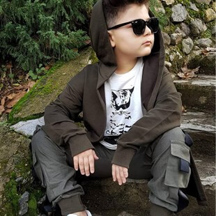 Erkek Çocuk Kedi Figürlü Kargo Pantalonlu Takım-Kid Boy Cloth Sets-QuzucukKids.com