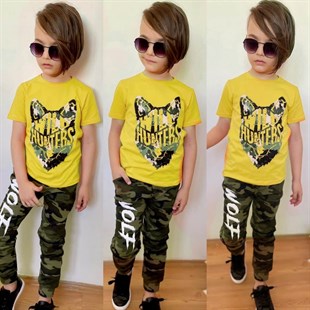 Erkek Çocuk Kurt Figürlü Sarı Kombin-Kid Boy Cloth Sets-QuzucukKids.com
