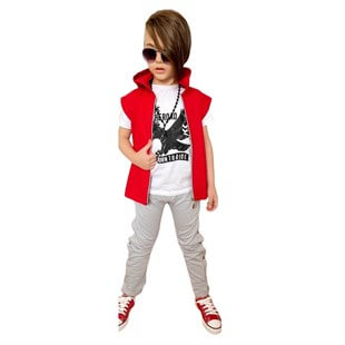 Erkek Çocuk Kuş Figürlü Kırmızı Yelekli Takım-Kid Boy Cloth Sets-QuzucukKids.com