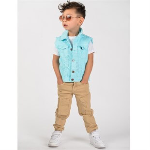 Erkek Çocuk Turkuaz Kot Yelekli Takım-Kid Boy Cloth Sets-QuzucukKids.com