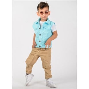 Erkek Çocuk Turkuaz Kot Yelekli Takım-Kid Boy Cloth Sets-QuzucukKids.com