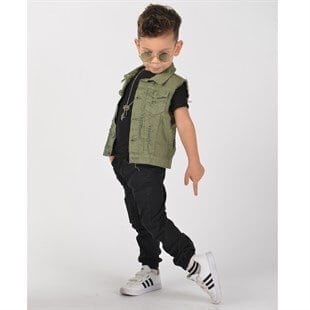 Erkek Çocuk Yeşil Kot Yelekli Takım-Kid Boy Cloth Sets-QuzucukKids.com