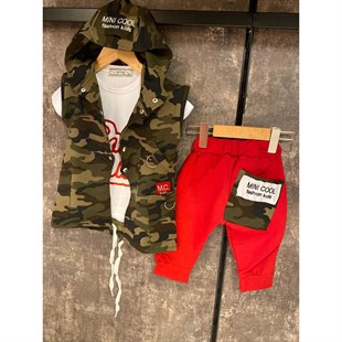 Erkek Çocuk Zincir Detaylı Kırmızı Kaprili Kamuflaj Takım-Kid Boy Cloth Sets-QuzucukKids.com