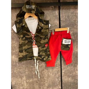 Erkek Çocuk Zincir Detaylı Kırmızı Kaprili Kamuflaj Takım-Kid Boy Cloth Sets-QuzucukKids.com