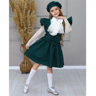 Kız Çocuk Gömlek / Salopet Elbise Yeşil 5'li Takım-Kız Çocuk Elbise-Kız Çocuk Gömlek / Salopet Elbise Yeşil 5'li Takım | QuzucukKids.com-QuzucukKids.com