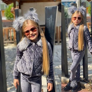 Kız Çocuk Kadife Montlu Gri Takım-Kız Çocuk Alt Üst Takım-QuzucukKids.com