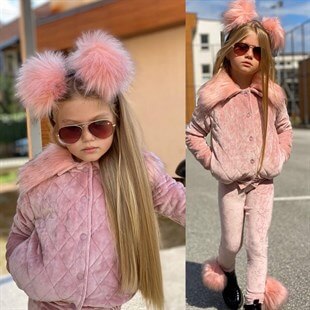 Kız Çocuk Kadife Montlu Pembe Takım-Kız Çocuk Alt Üst Takım-QuzucukKids.com