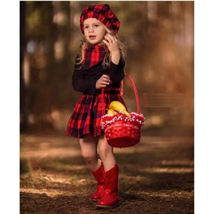 Kız Çocuk Kırmızı Ekoseli Şapkalı Takım-Kız Çocuk Alt Üst Takım-QuzucukKids.com