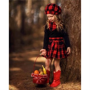 Kız Çocuk Kırmızı Ekoseli Şapkalı Takım-Kız Çocuk Alt Üst Takım-QuzucukKids.com