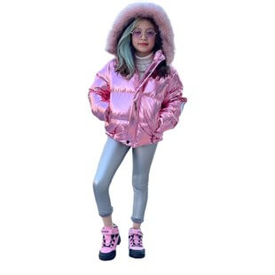 Kız Çocuk Kışlık Parlak Pembe Şişme Mont-Kid Girl Jacket-QuzucukKids.com