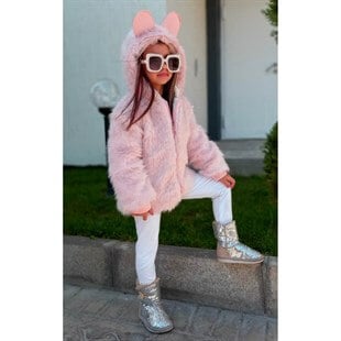 Kız Çocuk Kulaklı Pembe Peluş Mont-Kız Çocuk Mont-QuzucukKids.com