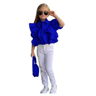 Kız Çocuk Mavi Çantalı Pantolon Takım-Kız Çocuk Alt Üst Takım-QuzucukKids.com