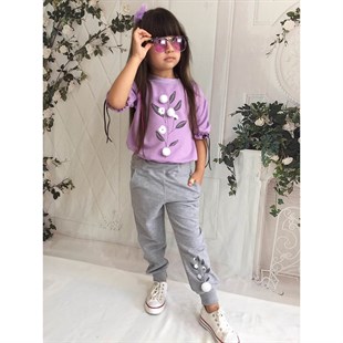 Kız Çocuk Pamuk Figürlü Mor Eşofman Takımı-Kid Girl Cloth Sets-QuzucukKids.com