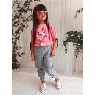 Kız Çocuk Pamuk Figürlü Pembe Eşofman Takımı-Kid Girl Cloth Sets-QuzucukKids.com