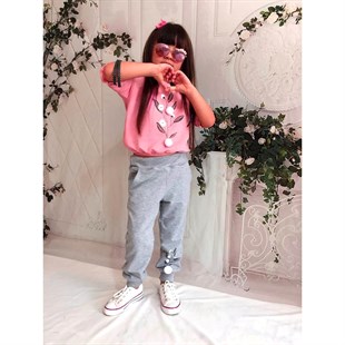 Kız Çocuk Pamuk Figürlü Pembe Eşofman Takımı-Kid Girl Cloth Sets-QuzucukKids.com