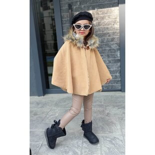 Kız Çocuk Pelerinli Krem Takım-Kid Girl Cloth Sets-QuzucukKids.com