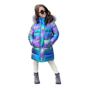 Kız Çocuk Petrol Mavi Uzun Şişme Mont-Kid Girl Jacket-QuzucukKids.com