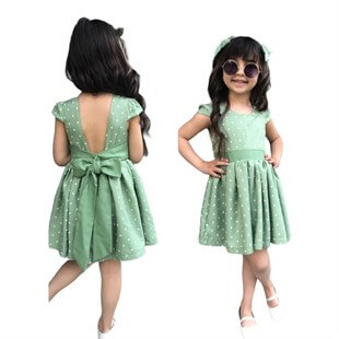Kız Çocuk Puantiyeli Yeşil Elbise-Kız Çocuk Elbise-QuzucukKids.com