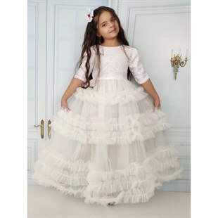 Kız Çocuk Pulpayet Detaylı Beyaz Prenses Elbise-Kız Çocuk Elbise-QuzucukKids.com
