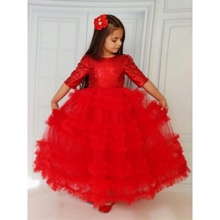 Kız Çocuk Pulpayet Detaylı Kırmızı Prenses Elbise-Kız Çocuk Elbise-QuzucukKids.com
