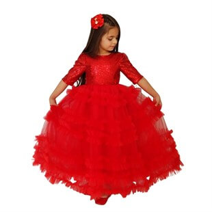 Kız Çocuk Pulpayet Detaylı Kırmızı Prenses Elbise-Kız Çocuk Elbise-QuzucukKids.com