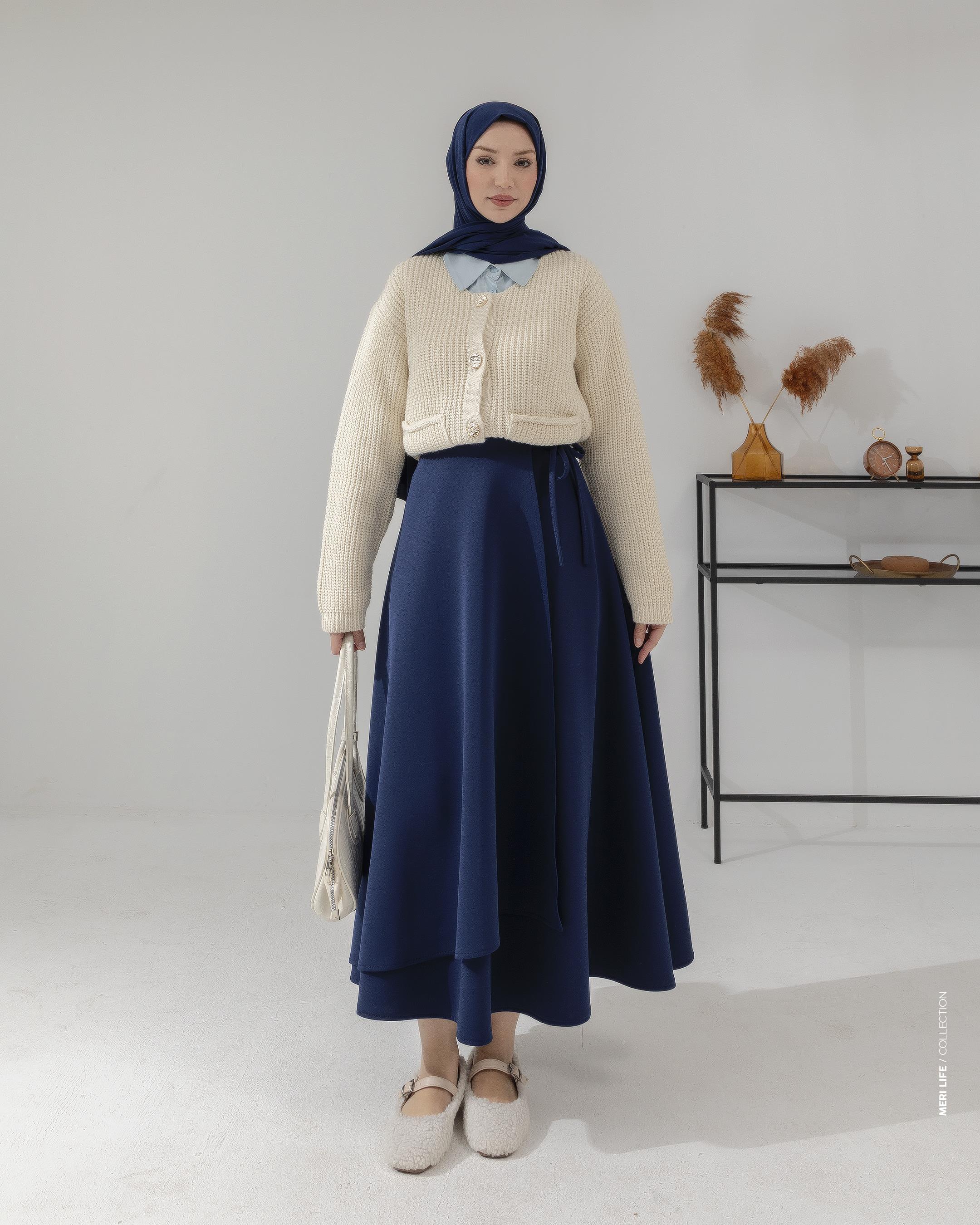 Bağcıklı Lacivert Scuba Etek