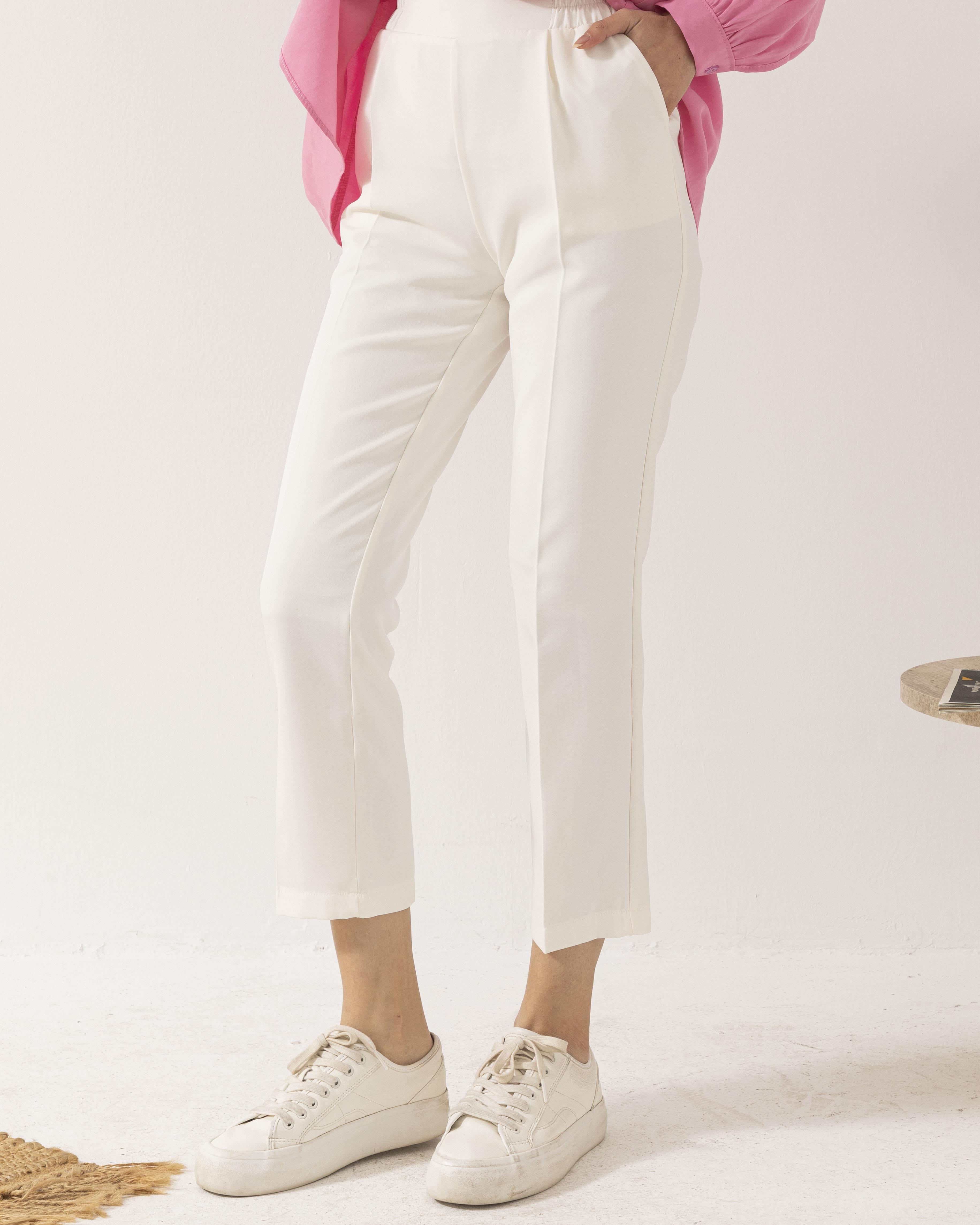Beli Lastikli Beyaz Pantolon