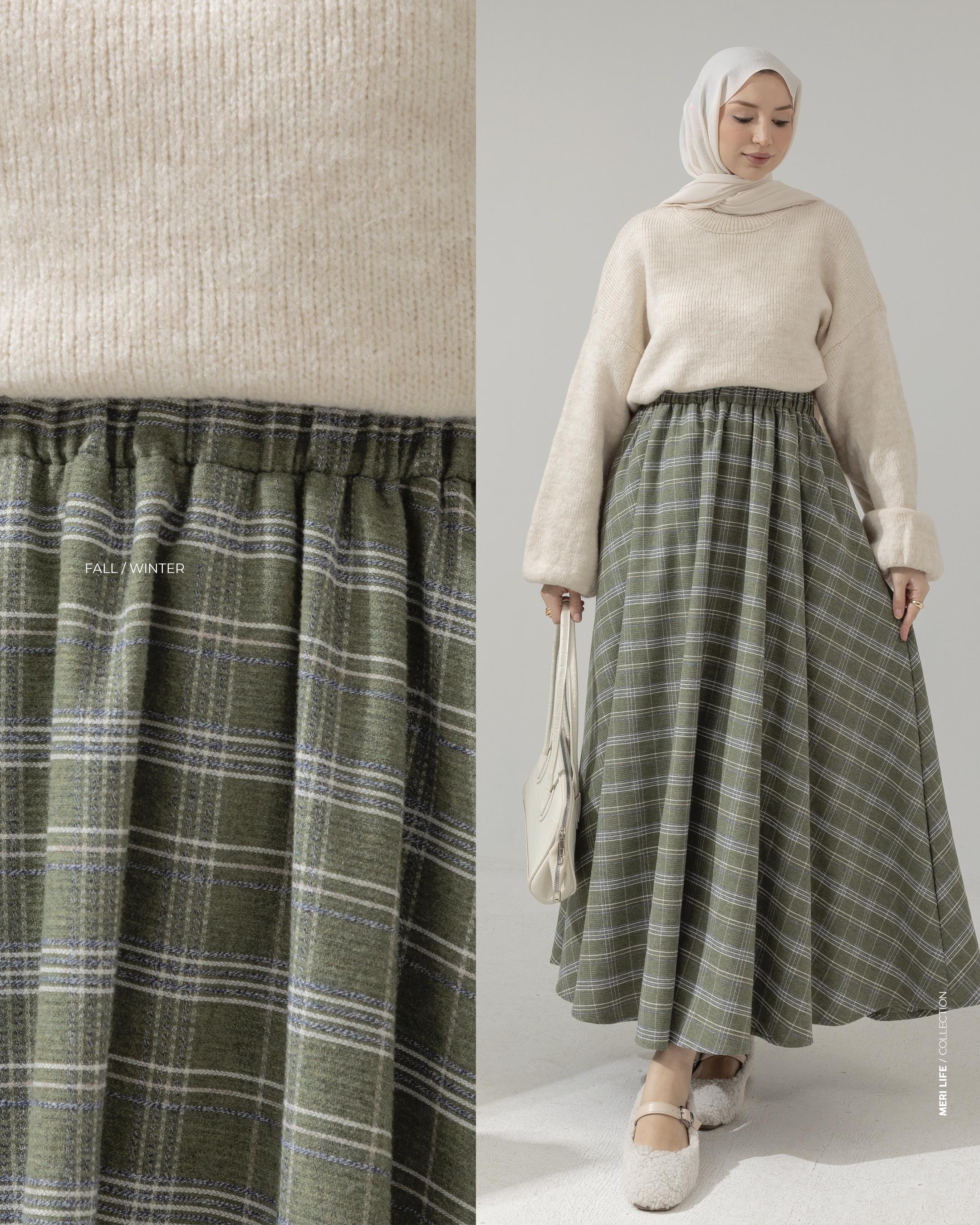 Beli Lastikli Ekoseli Mint Yeşili Etek