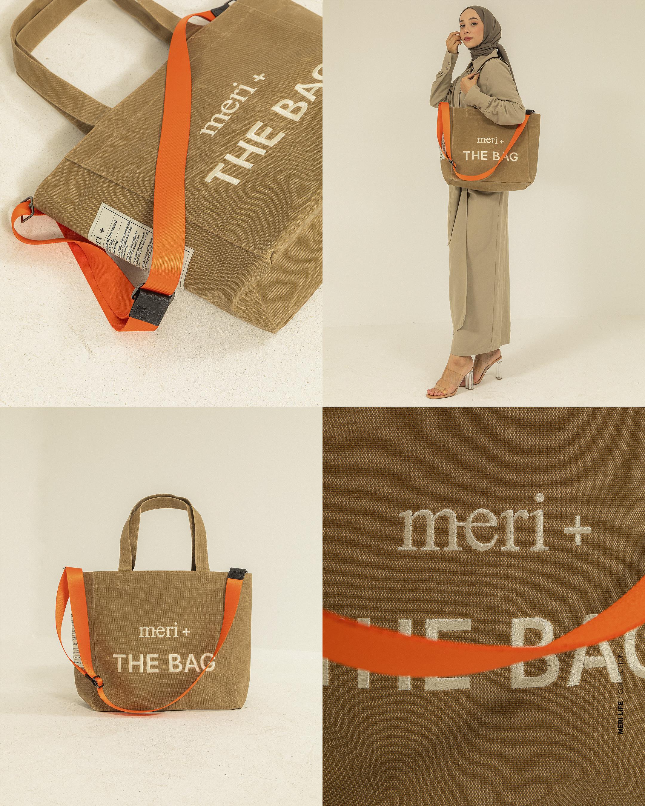 Büyük Boy Bej Kanvas Çanta-Turuncu Kayış