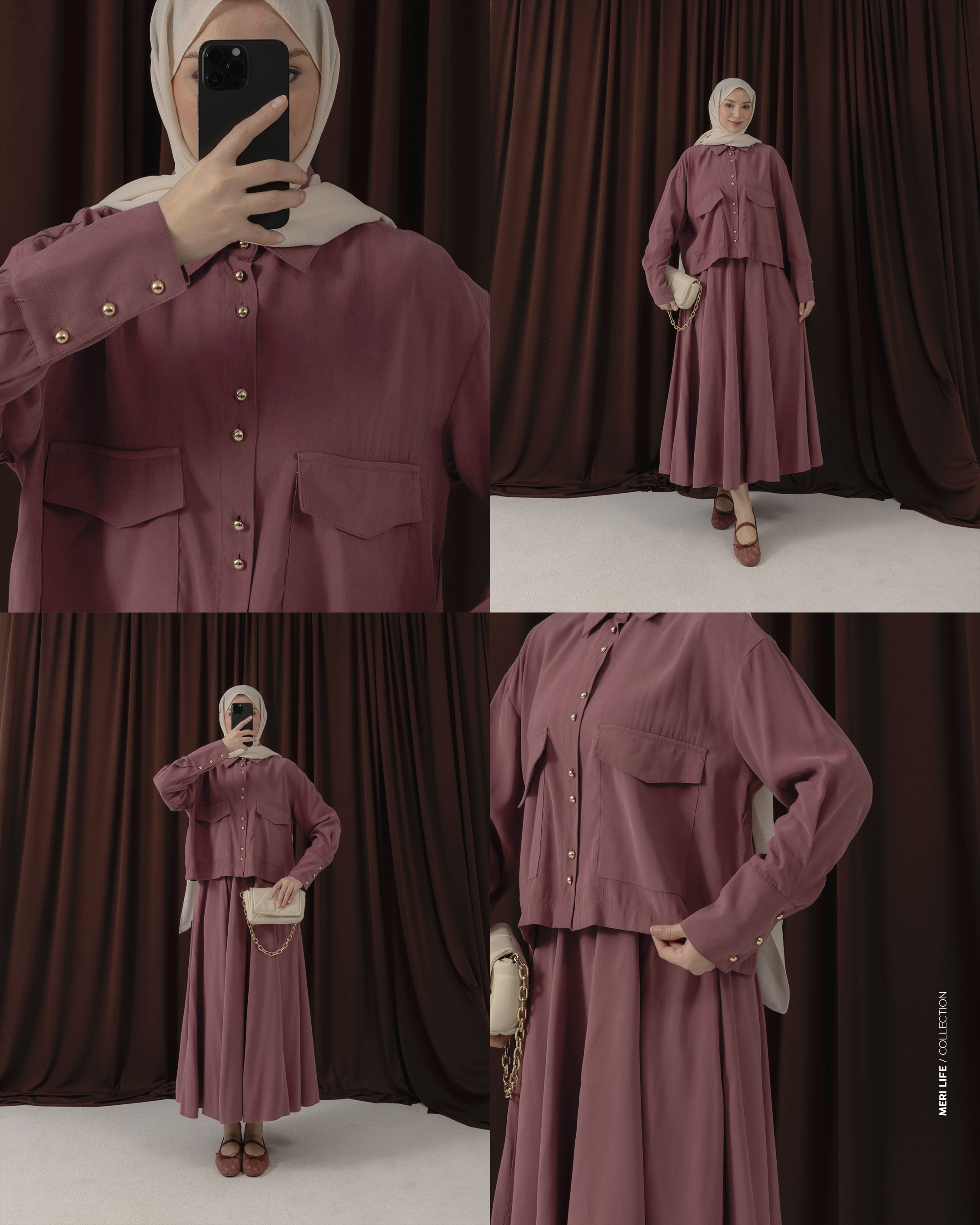 Cep Detaylı Etekli Gül Kurusu Takım