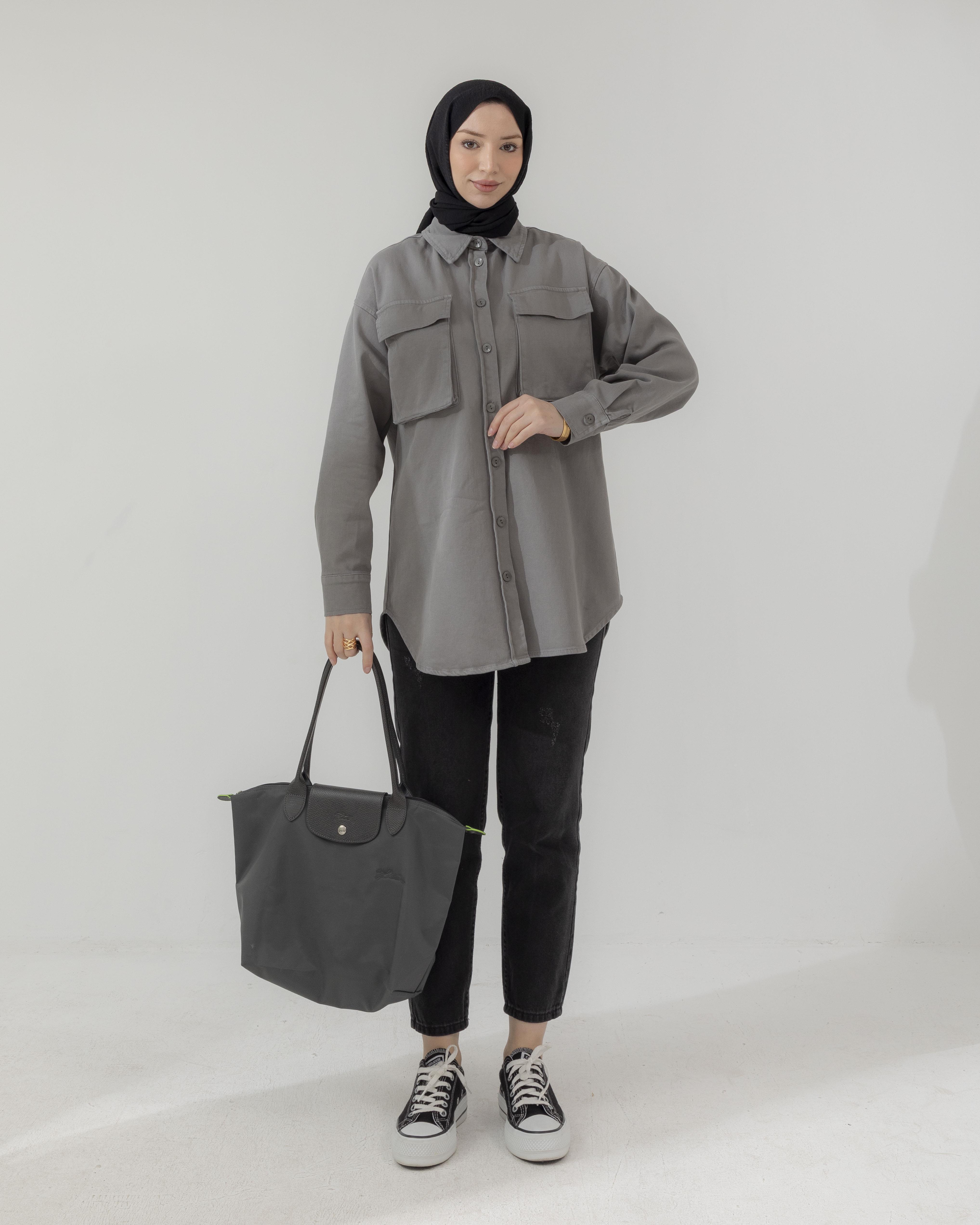 Cep Detaylı Gri Gabardin Gömlek